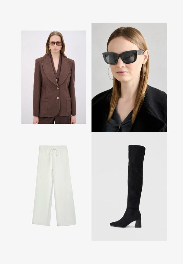 Blazer marrone su misura realizzato in tessuto testurizzato, con colletto a punte, bottoni dorati e due tasche frontali.; T-shirt bianca a maniche corte con scollo rotondo ampio e texture a coste, realizzata in tessuto morbido, caratterizzata da una vestibilità rilassata e un design pulito.; Pantaloni bianchi a gamba larga realizzati in un tessuto morbido. Presentano un elastico in vita con cordino e una consistenza liscia. Senza motivi visibili o accessori.; Stivale in suede nero alto fino al ginocchio con tacco a blocco, punta affusolata e design liscio e senza cuciture su uno sfondo chiaro e semplice.; Occhiali da sole a forma di occhio di gatto neri con lenti scure, montatura spessa e dettagli sottili. Indossati con un cappotto nero e una maglia grigia, con capelli lunghi e lisci.