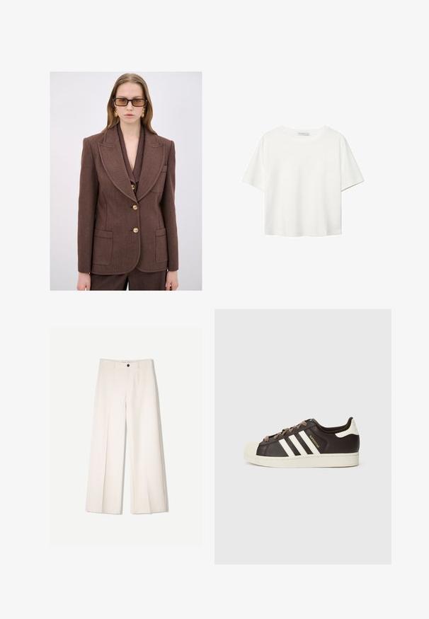 Blazer marrone su misura realizzato in tessuto testurizzato, con colletto a punte, bottoni dorati e due tasche frontali.; T-shirt bianco a maniche corte realizzato in cotone. Presenta un collo tondo e una vestibilità rilassata. Texture liscia senza motivi o dettagli visibili.; Pantaloni larghi color crema con design sartoriale, dotati di due tasche frontali e una chiusura con bottone anteriore, realizzati in tessuto liscio.; Sneaker Adidas Superstar low-top in pelle marrone scuro con punta a conchiglia crema, strisce bianche e scritta "Superstar" sul lato.