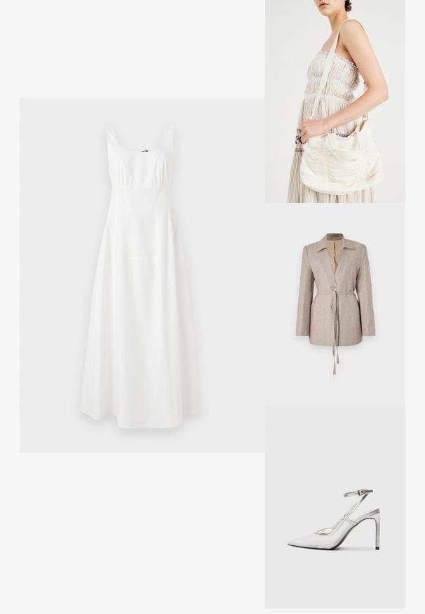 Svetlo béžový prispôsobený blejzer z textúrovanej tkaniny, ktorý má klopový golier, predné gombíky, nastaviteľný pás a dlhé rukávy.; Biela šatka bez rukávov so štvorcovým výstrihom, sťahovaným pásom a rozšírenou sukňou. Vyrobená z hladkej tkaniny, s jednoduchým a elegantným dizajnom.; Priehľadná lodička na ihlovom podpätku s špicatou špičkou, transparentným materiálom, metalickými striebornými akcentmi a nastaviteľným remienkom okolo členka.; Biela látková kabelka cez rameno so zhrnutou textúrou, nastaviteľným popruhom a striebornými detailmi. Zobrazená vedľa krémových šiat.