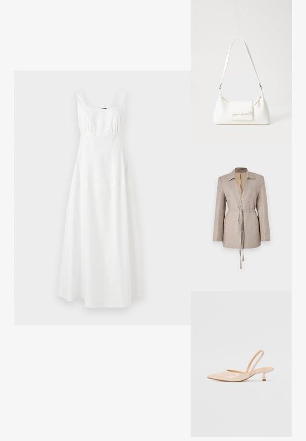 Kerge beeži tooni kergelt vooderdatud bleiser, mis on valmistatud tekstureeritud kangast, varrukatel on klapiga kaelus, ees on nööbid, reguleeritav vöö ja pikad varrukad.; Valge ilma varrukateta kleit ruudukujulise dekolteega, vöökoht on rõhutatud ning seelik on laienev. Valmistatud siledast kangast, omab lihtsat ja elegantset disaini.; Beežist lakitud nahast slingback kontsad terava nina ja peene ruudukujulise kontsaga. Sile tekstuur ja minimalistlik disain ilma kaunistusteta.; Valge sünteetilisest materjalist kott kolmnurkse kujuga, lame esiklapiga ja kaaredetailiga, reguleeritava rihmaga, sileda tekstuuriga ja minimalistliku disainiga.