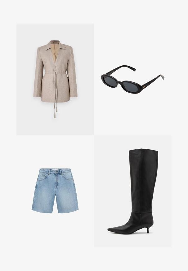 Blazer ajustat de culoare bej deschis, confecționat dintr-un material texturat, având guler tip notch, nasturi frontali, cordon reglabil în talie și mâneci lungi.; Top din bumbac alb cu nervuri, având un logo brodat negru centrat pe piept. Decolteul și brațele sunt terminate cu o margine subtilă.; Pantaloni scurți din denim albastru deschis, cu talie înaltă, două buzunare frontale și tiv sfâșiat. Prezintă un design clasic cu hardware minim.; Botine negre din piele, până la genunchi, cu vârf ascuțit și toc kitten. Textură netedă și design minimalist, fără hardware sau accente vizibile.; Ochelari de soare supradimensionați, cu lentile ovale, cadru din plastic neted și accente aurii pe brațe. Lentilele întunecate oferă protecție solară.