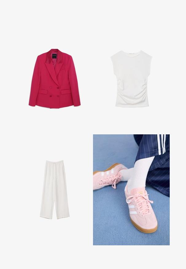 Blazer doppiopetto fucsia con alette in raso, due tasche frontali e una tasca sul petto. Vestibilità su misura con forma strutturata.; Top bianco senza maniche con scollo rotondo e leggero arricciatura laterale, mostrato disteso su uno sfondo bianco.; Pantaloni a gamba larga bianchi realizzati in un tessuto leggero. Presentano una vita elastica con cordoncino e tasche laterali. Texture liscia.; Sneakers in suede rosa chiaro con strisce e lacci bianchi, dotati di una linguetta testurizzata e di una suola in gomma, posizionati su un tappeto blu.