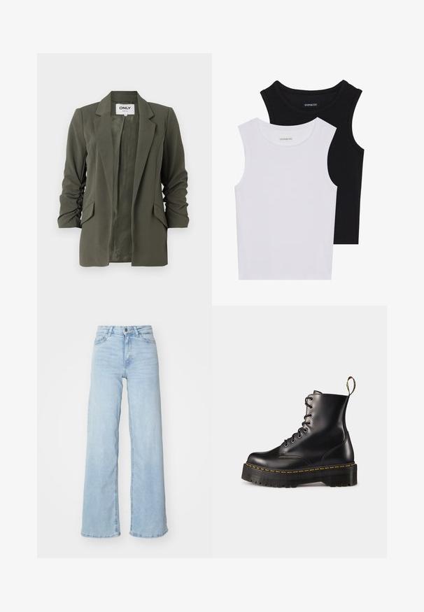 Oliivroheline bleiser, mis on valmistatud pehmest kangast, omab lõhikutega kraed, kahte eesmist taskut ja kergelt kortsunud varrukaid, pakkudes mugavat istuvust.; Kaks lühikeste varrukateta toppi mustas ja valges, valmistatud ribakudumist, ümarate kaelustega ja sobiva disainiga. Mõlemal on nähtavad sildid.; Heledad sinine laiad teksad, mis on valmistatud denimist. Omavad kõrget vööd, ees nööbiga sulgemist ja kahte taskut. Sile tekstuur kerge kulumisega.; Mustad musta nahast kingad, millel on paks must solk ja kollane õmblus. Tagaküljel on tõmblõng ja ümmargused metallisest silmad.