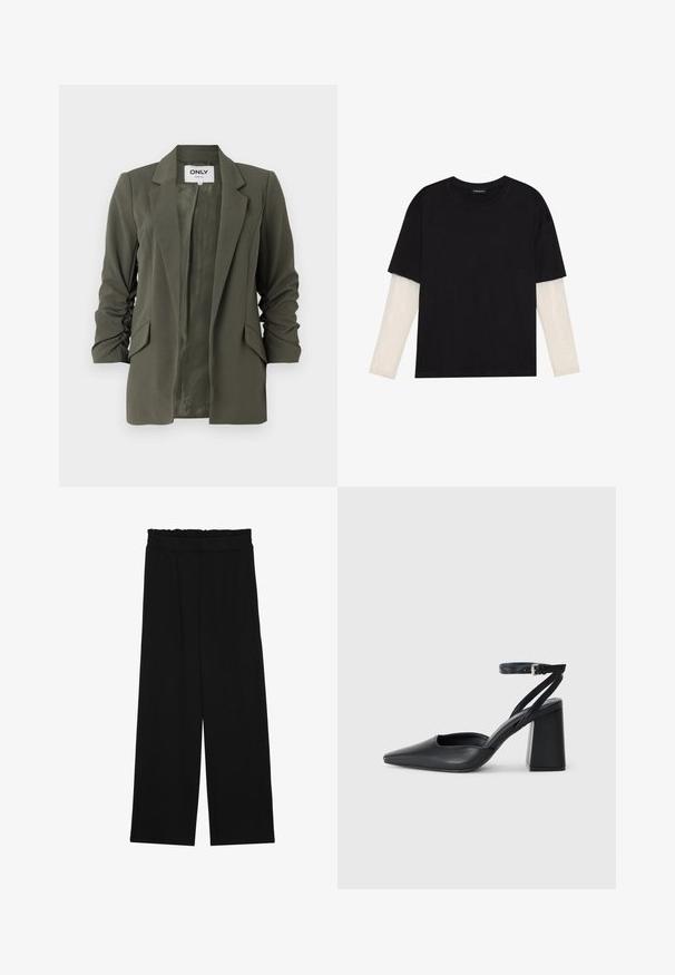 Olīvu zaļš bleizeris, kas izgatavots no mīksta auduma, ar nošķirtu apkakli, divām priekšējām kabatām un nedaudz raustītām piedurknēm, lai nodrošinātu brīvu piegriezumu.; Melna kokvilnas T-kreklu ar īsām piedurknēm, virs baltas garām piedurknēm ar smalku teksturētu rakstu. Apaļas kakla izgriezuma dizains.; Melnas platās bikses ar volangām jostasvietā, ar divām sānu kabatām un gludu, vieglu audumu. Nav redzamu rakstu vai aksesuāru.; Melna ādas augstpapēžu kurpe ar norakstīto purngala formu, potītes siksniņu un masīlu papēdi. Gluda tekstūra, elegants dizains un minimālisma estētika.