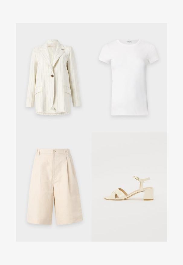 Beidz līdzena blazerā ar svītrām, nogludinātiem atlokiem, vienas pogas aizdari un divām priekšējām kabatām. Izgatavots no gluda auduma ar piegulīgu piegriezumu.; Balts ribots īsām piedurknēm T-krekls ar apaļu kaklu. Audumam ir gluda virsma un tas ir pieguļošs. Zīmola etiķete redzama pie apkakles.; Beige linu džinsi ar brīvu piegriezumu, ar pogu aizdari, krokām un līdz ceļiem garumu. Gluda tekstūra un vienkāršs stils.; Bežīgi patentēti ādas sandalītes ar krustenisku siksnu dizainu, atvērtu pirkstu, regulējamu potītes siksnu un bloku papēdi. Gluda tekstūra.