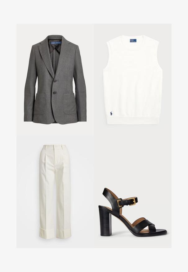 Šedý přizpůsobený blejzr s klopovými reverzami, dvěma předními našitými kapsami, zapínáním na dva knoflíky a značkovým štítkem na vnitřním límci.; Bílé bezrukávové svetr vyrobený z hladké bavlny, s ribbovaným lemem a malým námořnickým logem ve spodním levém rohu. Jednoduchý design, bez vzorů.; Bílé kalhoty na míru s vysokým pasem, dvojitými předními záhyby a širokými nohavicemi s ohrnutými lemy. Vyrobeny z hladké, strukturované tkaniny.; Černé kožené sandály na podpatku s designem křížového pásku a uzavíráním na sponu. Vyznačují se silným podpatkem a hladkou texturou.