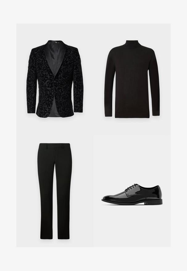 Selected Homme - Marynarka garniturowa; Czarny sweter z golfem, wykonany z miękkiej dzianiny. Posiada długie rękawy i dopasowany krój z żebrowanym kołnierzem oraz dołem. Minimalne logo.; Czarne spodnie o dopasowanym kroju, z gładką fakturą i prostymi nogawkami. Pas wyposażony jest w szlufki na pasek i ma estetyczne wykończenie.; Czarne, lakierowane buty wizytowe ze zaokrąglonym noskiem, sznurowane, o gładkiej, błyszczącej powierzchni. Posiadają niski, gumowy obcas.