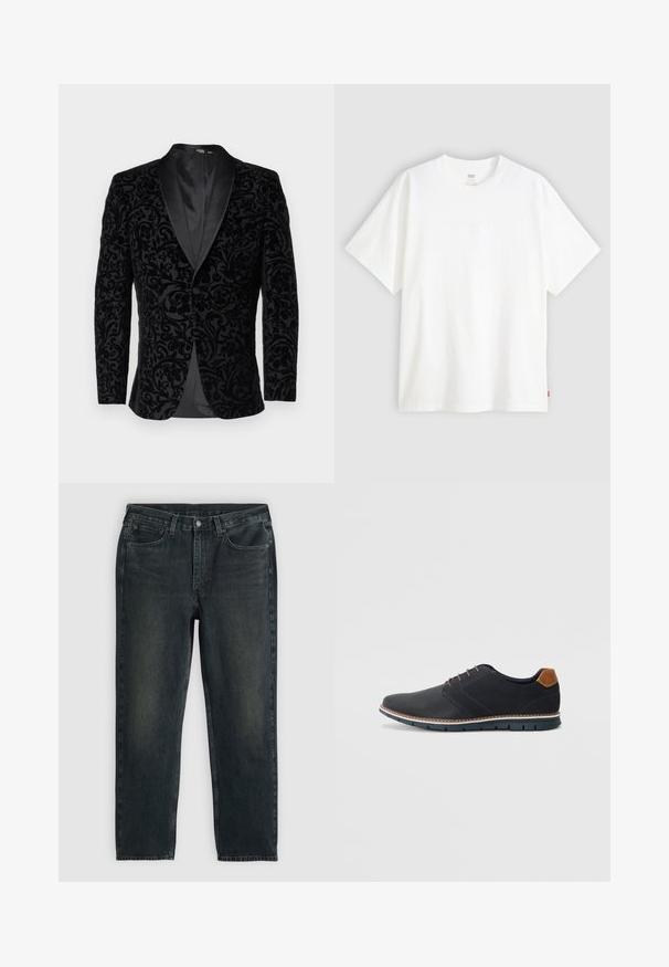 Selected Homme SLHSLIM EDDIE SHAWL - Casaco de fato - black; T-shirt branca de manga curta, feita de algodão, com decote redondo. Apresenta um discreto detalhe de logotipo em relevo na frente e uma etiqueta vermelha na bainha.; Jeans de denim azul-escuro com corte reto, apresentando cinco bolsos, fecho de zip e costura em contraste. Desgaste sutil no tecido.; Sapatos sintéticos pretos com um upper texturizado, pormenores lisos, salto castanho e uma sola contrastante. Apresentam um sistema de atacadores mínimo e detalhes de costura.