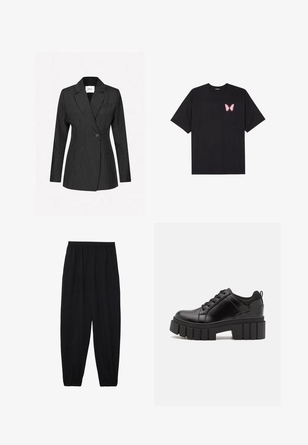 Fekete csíkos blézer, testhez simuló szabású, kihajtott gallérral, egygombos záródással és elülső zsebbel. Az anyag sima textúrájú.; Fekete pamut póló rövid ujjakkal, bal mellkason egy kis rózsaszín pillangó grafikával. Kerek nyakú kialakítás, laza fazonnal.; Fekete, könnyű nadrág elasztikus derékkal és ráncolt bokákkal. Az anyag sima és laza, szűkített dizájnnal rendelkezik.; Fekete bőr platform cipők vaskos blokk sarkakkal, kerek orral és hagyományos fűzős kialakítással. Simára csiszolt felület és minimális részletezés jellemzi.