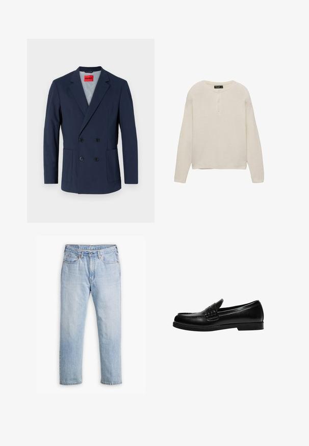 Mørkeblå dobbeltbrystet blazer med spidse klapper, to for- lommer og sorte knapper. Indvendigt har den et lyseblåt foer.; Langærmet trøje med rund hals i lys beige, med tre-knaps lukning, ribbede manchetter og lige fald, lavet af blødt, struktureret stof.; Lysblå denimjeans med lige bendesign, fem lomme stil og kontrastsyet. Knap- og lynlåslukning i taljen.; Sorte læder loafers med en glat overflade, der har en syning detalje på vampen og en lav, solid sort gummisål.
