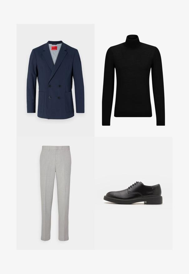 Navy blue double-breasted blazer with a notched lapel, two front pockets, and black buttons. Interior features a light blue lining.; Black turtleneck sweater made of soft material, featuring long sleeves and a snug fit. Ribbed trim at the hem and cuffs. Simple design.; Light gray trousers with a smooth texture, flat front, and straight legs. Made of breathable fabric, featuring internal pockets and belt loops.; Black leather lace-up shoe with a rounded toe, smooth texture, minimal stitching, and a low rubber heel. Logo on the heel.