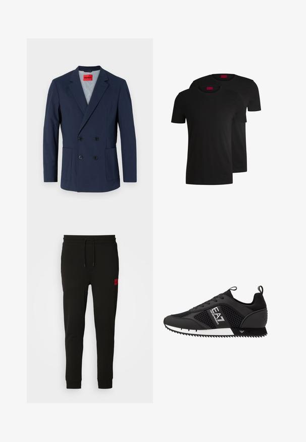 Mørkeblå dobbeltbrystet blazer med spidse klapper, to for- lommer og sorte knapper. Indvendigt har den et lyseblåt foer.; To sorte bomulds t-shirts med korte ærmer og rund hals. Begge har en rød mærkelabel ved halsen. Simpelt, klassisk design.; Sorte sweatpants lavet af blødt stof, med elastik i taljen, slim fit og et rødt logo-patch på venstre lår.; EA7 Emporio Armani Sneakers - black/white