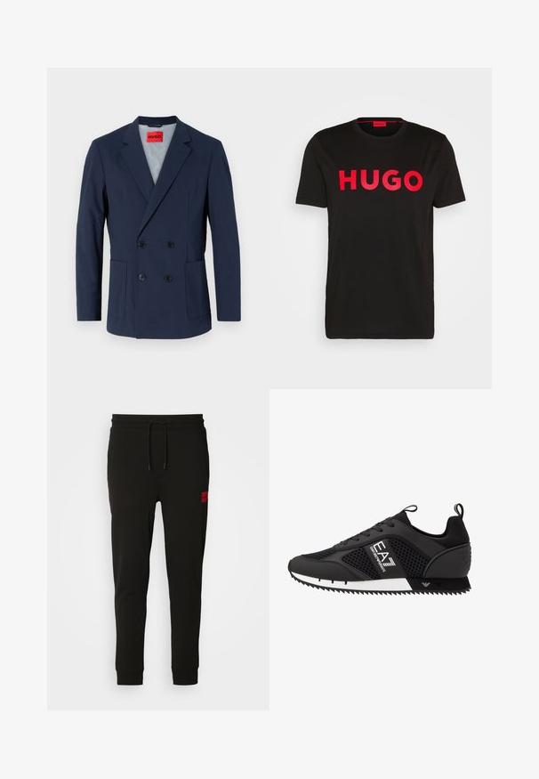 Tamsiai mėlynas dvigubas švarkas su įpjovimu, dviem priekinėmis kišenėmis ir juodais mygtukais. Viduje yra šviesiai mėlynas pamušalas.; Juoda medvilninė marškinėliai su ryškiu raudonu „HUGO“ užrašu priekyje, trumpomis rankovėmis, suapvalintu kaklu ir laisvu siluetu.; Juodos sportinės kelnės, pagamintos iš minkštos medžiagos, su raišteliu juosmens srityje, siaura fasonu ir raudonu logotipo ženkleliu kairėje šlaunyje.; EA7 Emporio Armani LACES UNISEX - Sportbačiai - black/white
