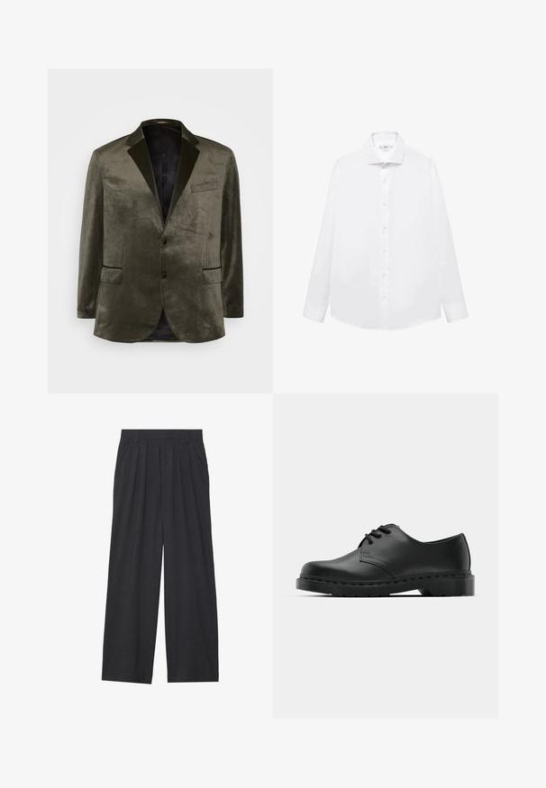 Olivgrüner Samtblazer mit Reverskragen, zwei vorderen Taschen und einem knöpfbaren Verschluss. Glatte Textur und satinierte Fütterung.; Weißes langärmliges Hemd aus glattem Baumwollstoff mit spitzem Kragen, Knopfleiste und geradem Saum.; Weit geschnittene Hosen aus dunkelgrauem Stoff. Merkmale sind Falten an der Taille, ein maßgeschneiderter Schnitt und eine gerade Silhouette.; Schwarze Leder-Oxford-Schuhe mit Schnürdesign, runder Zehenform, flacher Gummisohle und subtilen Nähten entlang des oberen Teils.