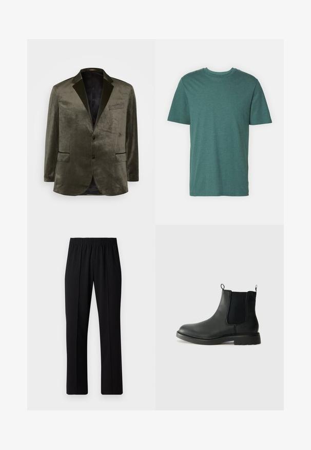 Olivenfarvet fløjl blazer med spidse klapper, to frontlommer og en enkelt knaplukning. Glat tekstur og satinvattering.; Kortærmet t-shirt med rund hals i mørk teal. Fremstillet af blødt, tekstureret stof med en glat overflade. Ingen mønstre eller yderligere detaljer.; Sorte bukser med elastisk talje og lige ben, der har en glat tekstur og ingen synlige mønstre eller hardware.; Sorte læder chelsea støvler med elastiske sidepaneler, trækflapper, rund tå og tekstureret gummisål. Glat overflade og robust design.