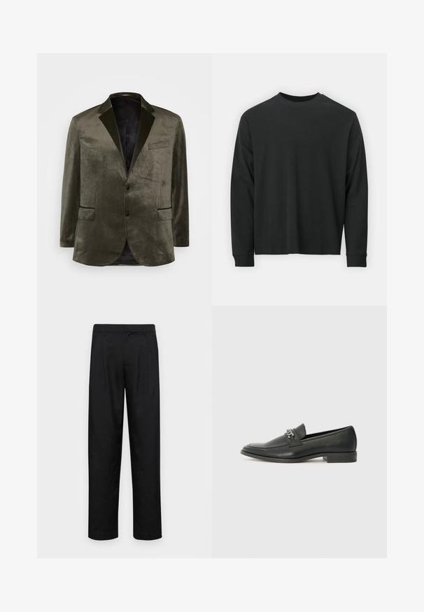 Blazer in velluto verde oliva con rever a punta, due tasche frontali e chiusura con un solo bottone. Texture liscia e fodera in satin.; Maglietta nera a maniche lunghe in cotone, con scollatura rotonda, vestibilità ampia e polsini a costine. Texture liscia senza motivi visibili.; Pantaloni neri realizzati in tessuto liscio, caratterizzati da un taglio dritto, due pieghe frontali e una vita standard con passanti per la cintura.; Mocassino in pelle nera con finitura liscia, caratterizzato da un design cucito e da un accento decorativo in catena metallica sul vamp. Tacco piatto.