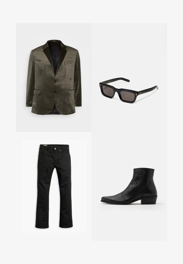 Blazer en velours vert olive avec des revers crantés, deux poches avant et une fermeture à un bouton. Tissu lisse et doublure en satin.; T-shirt en coton blanc à manches courtes, encolure ronde et texture lisse. Design simple sans motifs ni graphiques.; Jean en denim noir avec une coupe droite, cinq poches, fermeture à bouton métallique et détails de couture subtils. Texture lisse et couleur solide.; Bottine en cuir noir à bout pointu, avec des détails de couture minimalistes, un talon carré de hauteur intermédiaire et une finition lisse et brillante.; Lunettes de soleil noires rectangulaires avec des verres foncés, monture en plastique épais, accents dorés sur les branches et logo de la marque gravé sur le bras.