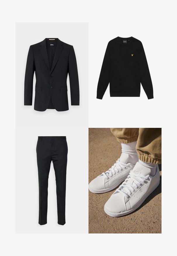 Mustakas bleiser, millel on kohandatud disain, kaks nuppu ja nurgalapid. Sisaldab ühte rinna taskut ja kahte eesmist taskut.; Must mustrepp, millel on pikad varrukad ja ümar kaelus. Rinna kohal on väike kollane kotka logo. Pehme tekstuur.; Mustmustritsed mustad püksid sirge istumisega, valmistatud siledast kangast. Varustatud vööloopide ja voldiga esiosal.; Valged nahast tossud siledal pinnal, klassikalise paeltega kinnitusega, ventilatsiooni jaoks perforatsioonide ning tekstureeritud kummist välispinnaga.