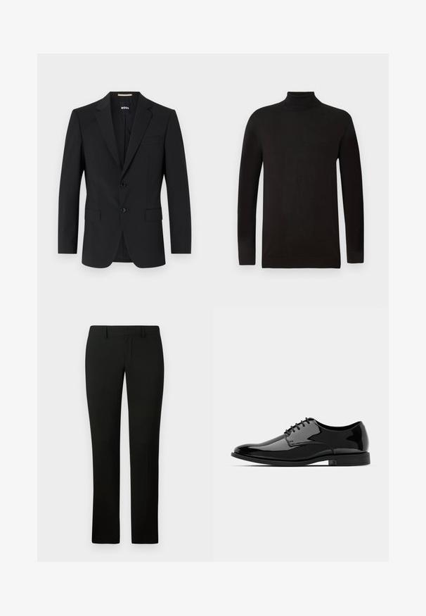 Μαύρη σακάκι με κομψό σχέδιο, δύο κουμπιά και notch λαιμόκοψη. Περιλαμβάνει μία τσέπη στο στήθος και δύο μπροστινές τσέπες.; Μαύρο πουλόβερ με ζακάρ ύφασμα. Διαθέτει μακριά μανίκια και εφαρμοστή σχεδίαση με πλεκτό γιακά και στρίφωμα. Ελάχιστη σήμανση.; Μαύρο παντελόνι με προσαρμοσμένη εφαρμογή, που διαθέτει μαλακή υφή και ίσια γραμμή. Η ζώνη έχει θηλιές για ζώνη και καθαρή τελείωση.; Μαύρο παπούτσι φόρεμα από λουστρίνι με στρογγυλή μύτη, σχέδιο με κορδόνια και λείο, γυαλιστερό επιφάνεια. Διαθέτει χαμηλού προφίλ καουτσούκ σόλα.