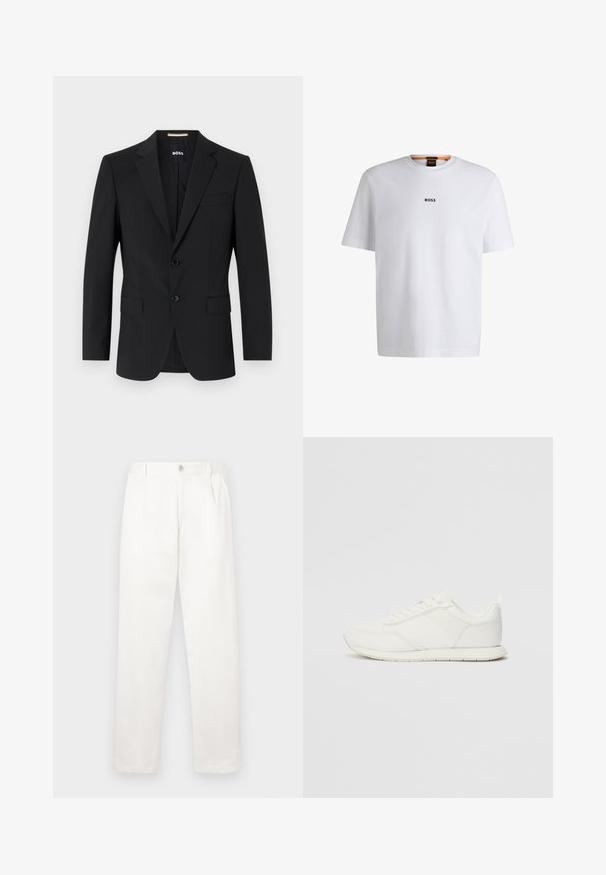 Svart blazer med skräddarsydd design, två knappar och notch-revers. Inkluderar en bröstficka och två framfickor.; Vit bomull T-shirt med korta ärmar, med en svart "BOSS"-logotyp centrerad på bröstet och en rund nackdesign.; Vita byxor i ett mjukt tyg, med rak benform, framfickor och en enda knappstängning i midjan.; Vita sneakers med ett överdel i mesh och syntetmaterial, rund tå, platta snörning, och ett texturerat sidostreck. Gummisula med en dragflik bak.
