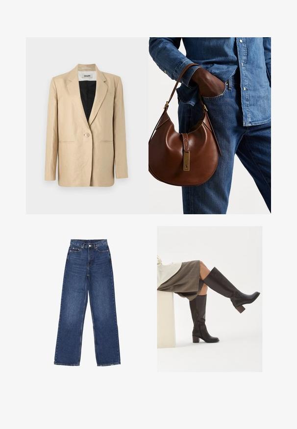 Beige blazer van lichte stof met een geknipt revers, enkele knoopsluiting en twee voorzakken. Binnenkant is zwart.; Polo Ralph Lauren CABLE-KNIT WOOL-CASHMERE CARDIGAN - Vest - authentic cream; Twee mouwloze geribbelde coltruien in bruin en zwart, weergegeven op een effen witte achtergrond.; Wijde spijkerbroek in blauwe denim met hoge taille, voorzien van een knoopsluiting, vijf zakken en subtiele vervaging op de stof.; Bruine leren laarzen tot de knie met een vierkante neus, stevige hak en zijrits. Gladde textuur met een gepolijste afwerking.; Bruine leren hobo tas met een rondvorm, voorzien van een gouden hardwareaccent en contrasterende stiksels. Gecombineerd met een denim shirt en jeans.