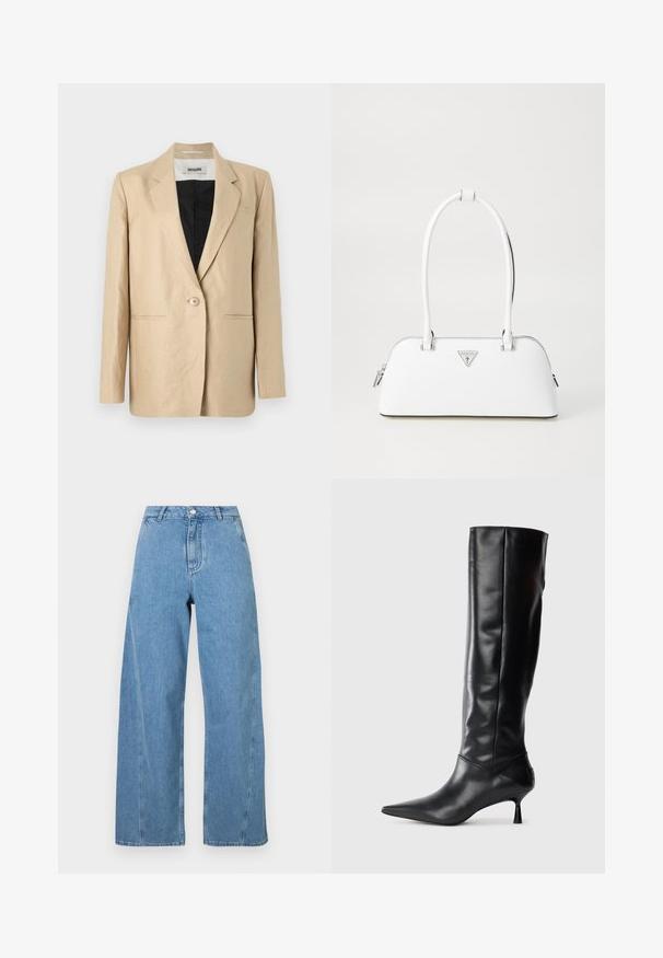 Beige blazer made of light fabric with a notched lapel, single button closure, and two front pockets. Interior is black.; Gray knitted sweater featuring a cat graphic in black and beige, with the word "Future" in pink across the front.; Light blue wide-leg jeans made of denim, featuring a high waist, straight cut, and contrasting stitching along the seams.; Black leather knee-high boot with a pointed toe and slim curved heel. Smooth texture, fitted design, and no visible hardware or patterns.; White leather handbag with a curved shape, featuring a silver triangular logo and zipper closure. Smooth texture and dual handles.