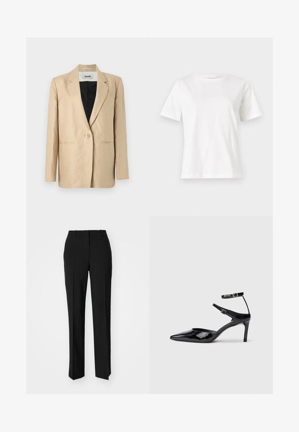 Blazer bege feito de tecido leve, com lapela com recortes, fecho de um botão e dois bolsos frontais. O interior é preto.; T-shirt de algodão branco com mangas curtas, decote redondo e um corte descontraído. Textura suave, sem padrões ou detalhes, design minimalista.; Calças pretas de corte ajustado com um design de perna reta, apresentando uma textura lisa e pregas bem definidas na frente. Sem hardware visível.; Sapatos de salto alto em pele sintética preta, com bico fino, tiras ajustáveis ao tornozelo e um salto esguio. Textura suave com um acabamento brilhante.