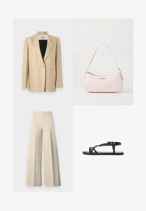 Sacou bej dintr-un material ușor, cu rever clasic, închidere cu un singur nasture și două buzunare frontale. Interiorul este negru.; Top fără mâneci de culoare bej deschis, cu o textură ribbed și un decolteu înalt, pliat. Silueta ajustată pune în evidență formele.; Pantaloni bej cu croi larg, dintr-un material neted, cu talie înaltă și pliu adânc pe față. Prezintă un croi larg și fluid.; Sandale negre din piele, cu curele subțiri și o curea cu cataramă la gleznă. Talpă plată cu un finisaj texturat și margine în zigzag. Design minimalist.; Geantă de mână din piele roz, cu un design curbat, închidere cu fermoar și curea de umăr. Prezintă un logo argintiu în față.