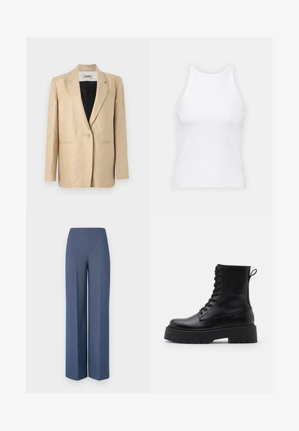 Vaaleanbeige bleiseri, joka on valmistettu kevyestä kankaasta, jossa on sakaroilla varustettu kaulus, yksi nappisulku ja kaksi etutaskua. Sisus on musta.; Valkoinen hihaton toppi, joka on valmistettu ribbikankaasta, ja jossa on pyöreä pääntie ja tiukka siluetti, minimaalisin saumoin ja ilman koristeita.; Vaaleat lahkeet sinisessä tekstuurikankaassa, jossa on sileä vyötärö ja terävät laskosteet edessä, korostaen räätälöityä muotoilua.; Musta nahkainen nilkkureita, joissa on pyöreä kärki, nauhakiinnitys edessä ja paksu kumipohja, jossa on teksturoitu pinta. Takana vetotappi.