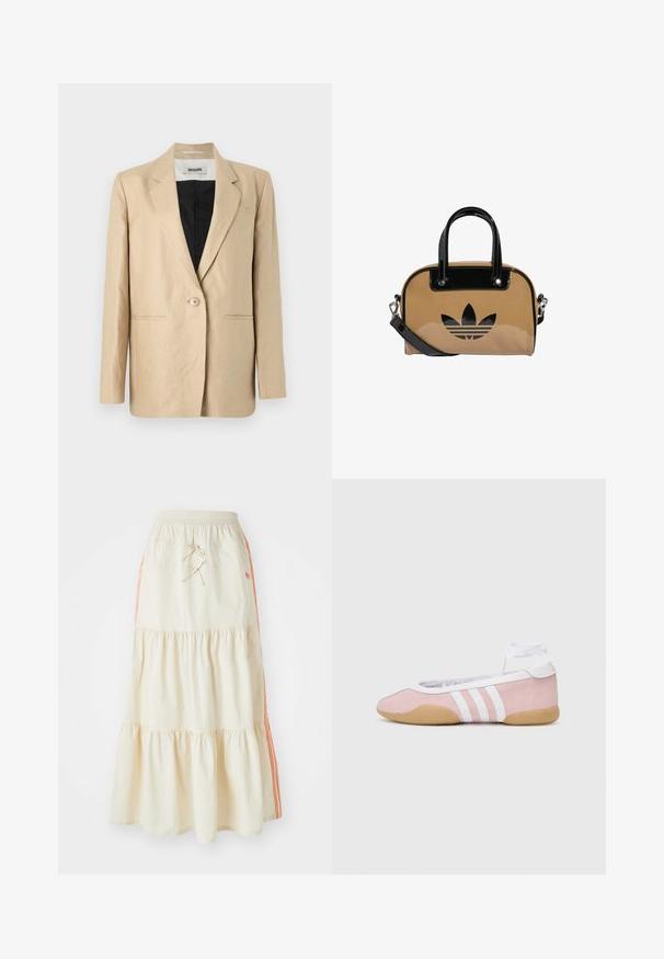 Beige blazer lavet af let stof med en skræddersyet krave, enkelt knaplukning og to frontlommer. Indvendig er den sort.; Lys beige ærmeløs top lavet af ribbet stof, med en rund halsudskæring og tætsiddende design. Glat tekstur med minimale sømme.; Cremefarvet midi-nederdel i flere lag med elastisk talje og snøre. Har orange striber på siden og en blød, glat bomuldsstruktur.; adidas Originals TAEKWONDO MEI BALLET - Sneakers - clear pink/ftwr white/gum; Tan håndtaske med sorte lakerede detaljer, rund form, dobbelte hanke og en præget sort logo på forsiden.