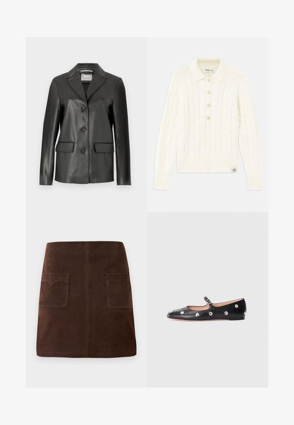 Mustmust mustrinna mustmust ärhärduli, millel on notsu krae, neli nuppu esiosas ja kaks esikotti. Sile tekstuur ja kohandatud kuju.; Kreemvärvi kootud sviiter, millel on krae, neli nööbitavat nööpi, soonikkoes varrukad ja väike logopatch hemmi juures.; Pruun seemisabal, millel on klassikaline A-linja kuju, kaks eesmist taskut ümarate klappidega ja peened tikandi detailid.; Must naar mustast valmistatud Mary Jane lamedad jalanõud, ümarate varvastega, hõbedaste ümmarguste nupukestega ja reguleeritava rihmaga, millel on klamber.