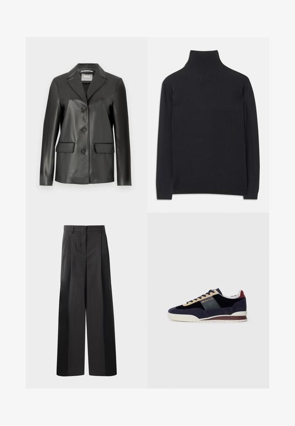 Μαύρο σακάκι από τεχνητό δέρμα με καμπυλωτό γιακά, τέσσερα κουμπιά μπροστά και δύο μπροστινές τσέπες. Λείος υφασμάτινος χαρακτήρας και κομψό σχήμα.; Μαύρο πουλόβερ με φανέλα από μαλακό ύφασμα. Διαθέτει μακριά μανίκια, ψηλό λαιμό και ριμπ κορδόνια και στρίφωμα για εφαρμοστή εμφάνιση.; Μαύρο παντελόνι φαρδύ με ψηλή μέση, με κρόσσια μπροστά, ομαλή υφή και κομψό φινίρισμα. Σχεδιασμένο για άνετη εφαρμογή.; Σαβούρνια ναυτικού χρώματος με μπεζ και σκούρο μπλε λεπτομέρειες. Διαθέτουν λευκή ελαστική σόλα και χρυσό λογότυπο στο πλάι. Κλασικός αθλητικός σχεδιασμός.