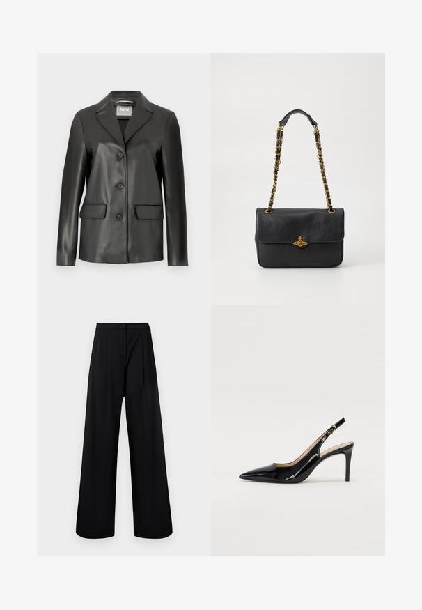 Čierny faux kožený blejzer s vystúpeným golierom, predným zapínaním na štyri gombíky a dvoma prednými vreckami. Hladká textura a upravený strih.; Biela košeľa s dlhým rukávom a gombíkovým golierom, hladká textúra, rovný strih a skrytá léga. Mäkko, ľahký materiál bez vzorov.; Čierne široké nohavice vyrobené z hladkej tkaniny, s vysokým pásom a skladaním. Bez viditeľných ozdôb alebo vzorov.; Čierne lakované kožené slingback lodičky s špicatou špičkou, štíhlým podpätkom a jemným výrezom. Obsahuje zlatú pracku na remienku.; Čierna kožená kabelka s preklopeným klopou, zlatým reťazovým popruhom a logom na prednej strane. Hladká štruktúra.