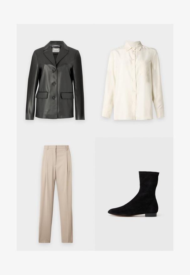 Crni sako od umjetne kože s reverima, prednjim dijelom na četiri dugmeta i dva prednja džepa. Glatka tekstura i kroj prilagođen figuri.; Krema boje, dugih rukava, košulja s gumbima od glatkog materijala s ovratnikom i jednom džepom na prsima. Minimalistički dizajn i mekana tekstura.; Bež hlače odijela ravnog kroja s nabranim dijelom sprijeda i petljama za remen, izrađene od glatkog materijala.; Crne nubuk čizme do gležnjeva s uskim okvirem, špicastim vrhom i niskom bloknom petom. Glatka tekstura i minimalistički dizajn, pogodne za svestrano stiliziranje.