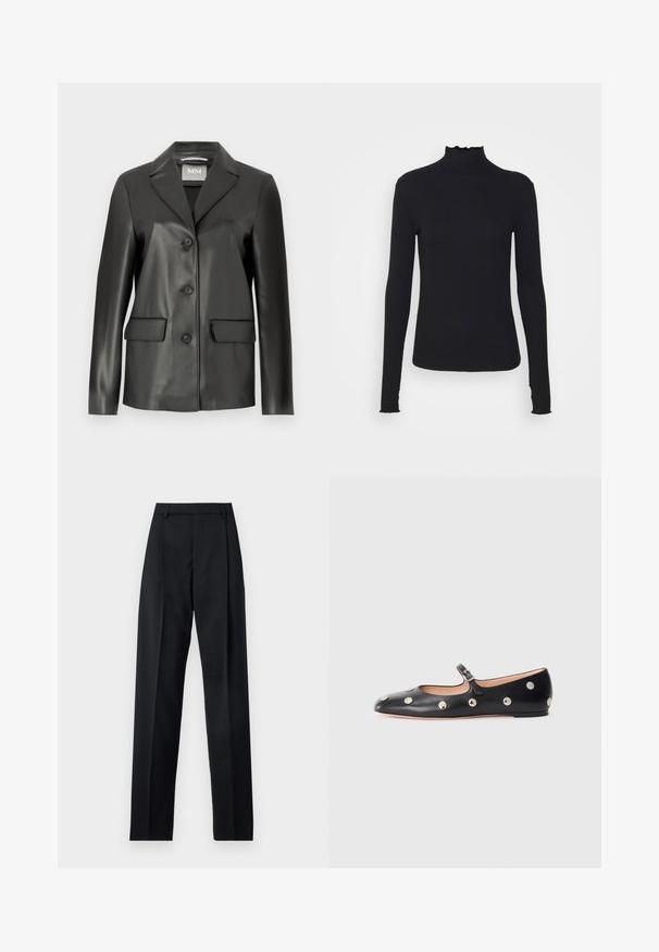 Musta keinonahkablazeri, jossa on viistetyt läpät, neljän napin etukiinnitys ja kaksi etutaskua. Sujuva pinta ja muotoiltu leikkaus.; Musta pitkähihainen poolotoppi, joka on valmistettu sileästä kankaasta, jossa on röyhelökaulus ja tiukka siluetti yksinkertaisilla reunoilla.; Musta housut, jotka on valmistettu sileästä kankaasta ja joissa on korkea vyötärö, leveät lahkeet, etukaarteet ja klassiset vyölenkit. Ei näkyviä sivutaskuja.; Musta nahkainen Mary Jane -tyylinen tasapohjakenkä, jossa on pyöreä varvas. Kenkässä on hopeisia pyöreitä niittejä ja säätöremmi, jossa on solki.