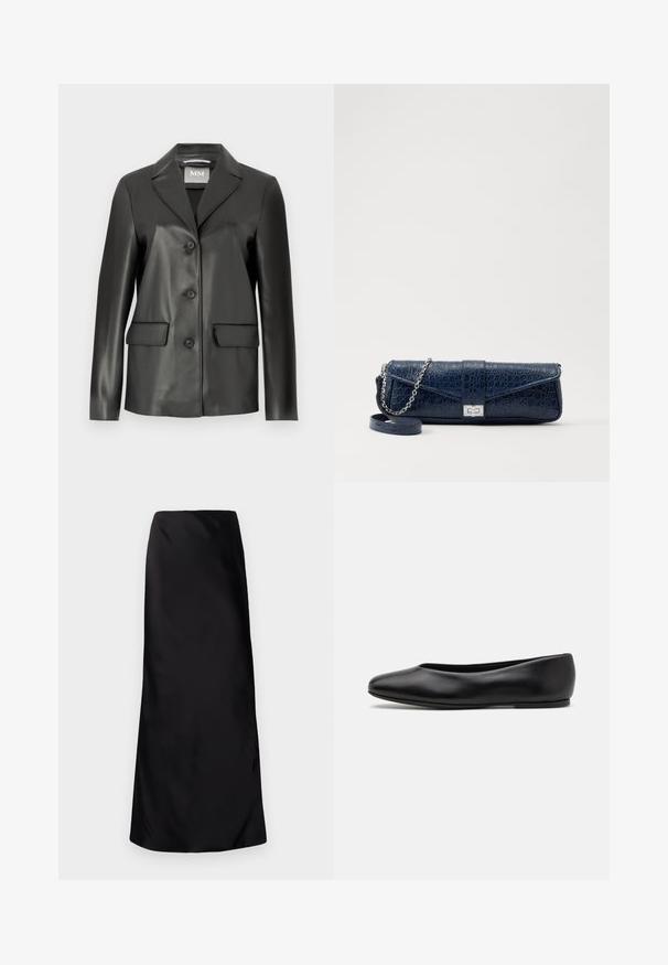 Černý blazer z umělé kůže s klopovým límcem, čtyřmi knoflíky vpředu a dvěma předními kapsami. Hladká textura a upravený střih.; Bílý top bez rukávů, žebrovaná textura, kulatý výstřih, obtáhnutý střih, decentní značka na štítku uvnitř oblasti límce.; Norma Kamali BIAS OBIE SKIRT - Maxi sukně - black; Paul Smith TOPANGA - Klasické baleríny - black; Námořnická modrá kožená kabelka s krokodýlí texturou, stříbrným řetízkovým popruhem a kovovým zapínáním. Obdélníkový tvar s překlápěcím designem.