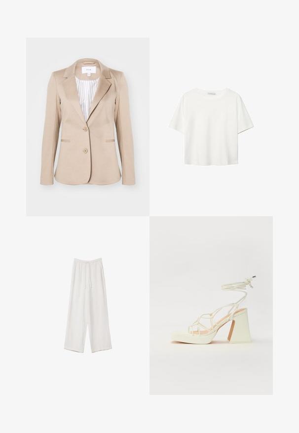 VILA VISAGA - Blejzer - silver mink; Biela krátkopsová tričko vyrobené z bavlny. Má okrúhly výstrih a voľný strih. Hladká textúra bez viditeľných vzorov alebo akcentov.; Biele široké nohavice vyrobené z ľahkej tkaniny. Obsahujú elastický pás so sťahovacou šnúrkou a bočné vrecká. Hladká textúra.; Biele sandále na vysokom opätku s hrubým podpätkom, s pruhovaným dizajnom a viazaním na členku. Hladký povrch s platformou vpredu pre zvýšenú výšku.