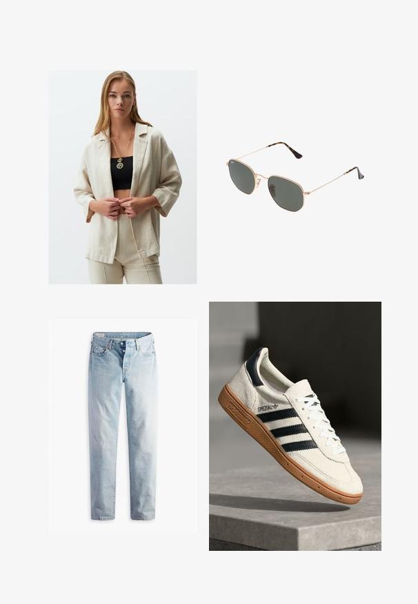 Beżowa lniana marynarka o luźnym kroju, z rękawami 3/4 i otwartym przodem. Zestawiona z czarnym topem krótki i beżowymi spodniami. Widoczna złota naszyjnik.; Szary sweter w splot warkoczowy z długimi rękawami, ribbowym dołem i okrągłym dekoltem. Mały akcent z logo na piersi.; Jasnoniebieskie dżinsy o prostym kroju nogawki, z dwiema kieszeniami z przodu i dwiema z tyłu. Posiadają zapięcie na dwa guziki i subtelne przeszycia.; Białe zamszowe sneakersy z granatowymi paskami, gumową podeszwą, teksturowaną górą, okrągłym noskiem i sznurowaniem; posiadają logo po boku i na języku.; Złote okulary przeciwsłoneczne w stylu aviatora z ciemnozielonymi soczewkami, z wąskimi ramionami i akcentami w panterkę na końcach.