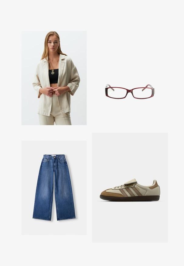 Beige linnen blazer met een relaxed fit, voorzien van 3/4 mouwen en een open voorkant. Gecombineerd met een zwart crop top en beige broeken. Gouden ketting zichtbaar.; Bruine hooded long-sleeve top met witte horizontale strepen, drie-knops V-hals en koorden op de capuchon, gelabeld als Bershka.; Bershka WIDE-LEG - Wide leg - dark blue; Bruine en crèmekleurige sportschoen met drie beige strepen, gemaakt van suede en leer, vetersluiting ontwerp en rubberen zool. Tekstlogo aan de zijkant.; Rode rechthoekige bril met een slank ontwerp. Heldere lenzen, lichtdoorlatende slaapjes en een verloop van rood naar grijs.