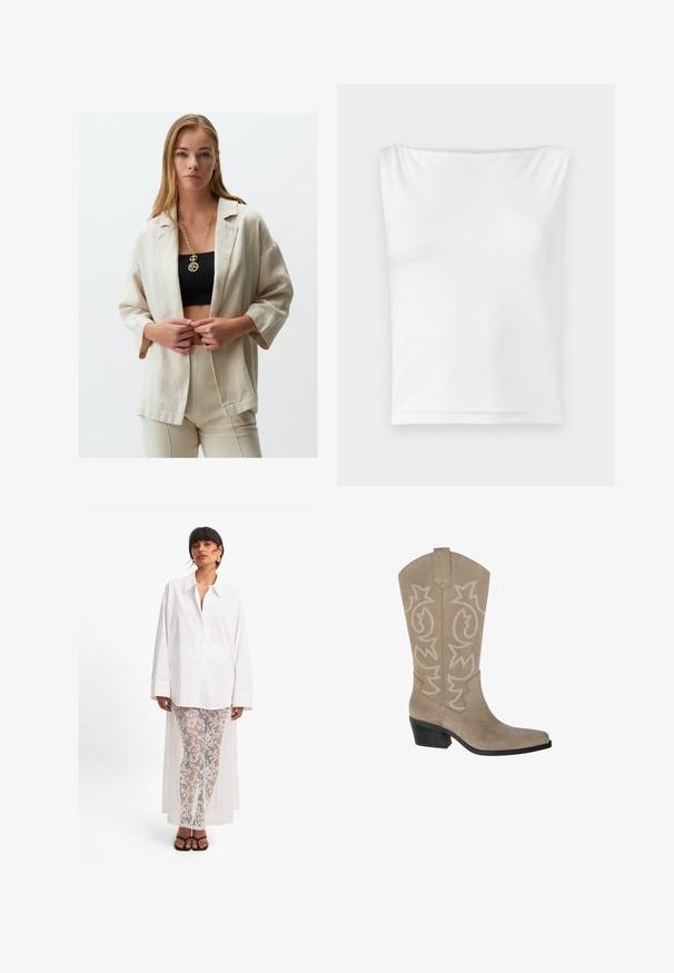 Beige linnen blazer met een relaxed fit, voorzien van 3/4 mouwen en een open voorkant. Gecombineerd met een zwart crop top en beige broeken. Gouden ketting zichtbaar.; Witte mouwloze top met een rechte halslijn, gemaakt van gladde stof, met een aansluitende pasvorm en zonder zichtbare hardware of patronen.; Witte overhemd met lange mouwen, gecombineerd met doorschijnende witte kanten broeken met een bloemenpatroon en een lange achterkant. Zwarte sandalen.; PULL&BEAR Cowboy-/Bikerlaarzen - taupe