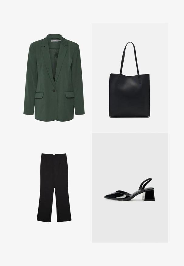 Zeleni sako prilagođenog kroja s reverima, zatvaranjem na jedan gumb i dva prednja džepa. Izrađen od teksturiranog materijala s glatkom podstavom.; Smeđi jednodijelni kupaći kostim s visokim ovratnikom i tankim, prilagodljivim trakama; ima visoko izrezane nogavice i glatku teksturu. Bez uzoraka ili dekoracija.; Crne hlače ravnog kroja, s prednjim džepovima i bočnim prorezima na rubu. Izrađene od mekog i glatkog materijala. Pogodne za razne prigode.; Crne lakirane kožne sandale s otvorenom petom i špicastim vrhom, s geometrijskom blok petom. Imaju elegantan, minimalistički dizajn i glatku teksturu.; Crna kožna torba za nošenje s glatkom teksturom, pravokutnim oblikom i dvije duge ručke. Nema vidljivih metalnih dijelova ili ukrasa.