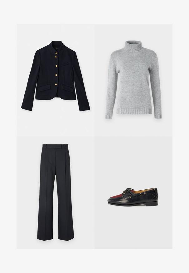 Veste bleu marine texturée avec un col mandarin, fermetures à boutons dorés, deux poches avant et une poche poitrine. Coupe ajustée.; Pull col roulé gris clair en maille douce, avec des manches longues et une texture côtelée au col et à l'ourlet.; Pantalons rayés bleu foncé à taille haute, avec une coupe large et sans matériel ni embellissements visibles. Texture lisse et ajustement ajusté.; Bateau en cuir noir avec un bout en suède rouge, des œillets dorés et un nœud décoratif. Texture lisse avec un petit talon carré.
