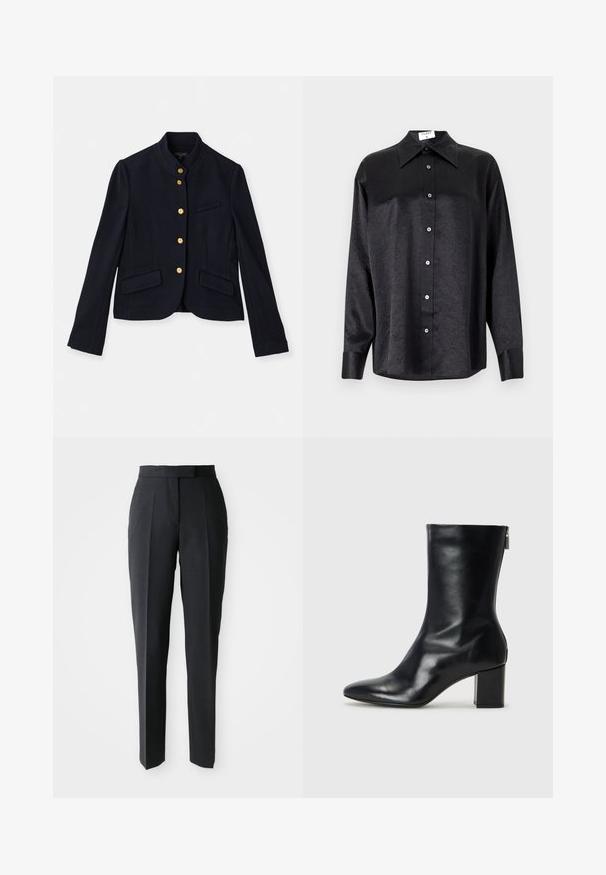 Marineblå tekstureret jakke med mandarin-krave, guldknaplukninger, to forlommer og en enkelt brystlomme. Skræddersyet pasform.; Sort langærmet skjorte med krave, der har en krøllet tekstur, fuld knaplukning foran og manchetter. Lavet af et glat stof.; Sorte skræddersyede lige ben bukser med høj talje og forfald, præsenteret på en ensfarvet lyse baggrund.; Sorte læder ankelstøvler med spids tå og 4 cm blokhæl. Det slanke design har en sidelukning for nem påtagning. Glat tekstur.