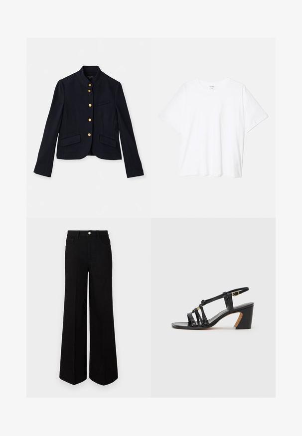 Navy textured jacket with a mandarin collar, gold button closures, two front pockets, and a single chest pocket. Tailored fit.; White cotton t-shirt with short sleeves, round neckline, relaxed fit, and stitched hem. Label visible on the inside neck.; Black wide-leg jeans made of sturdy fabric, featuring a high waist, front pockets, and a front button closure. Flat hem at the bottom.; Paul Smith AMIRA - Classic heels - black