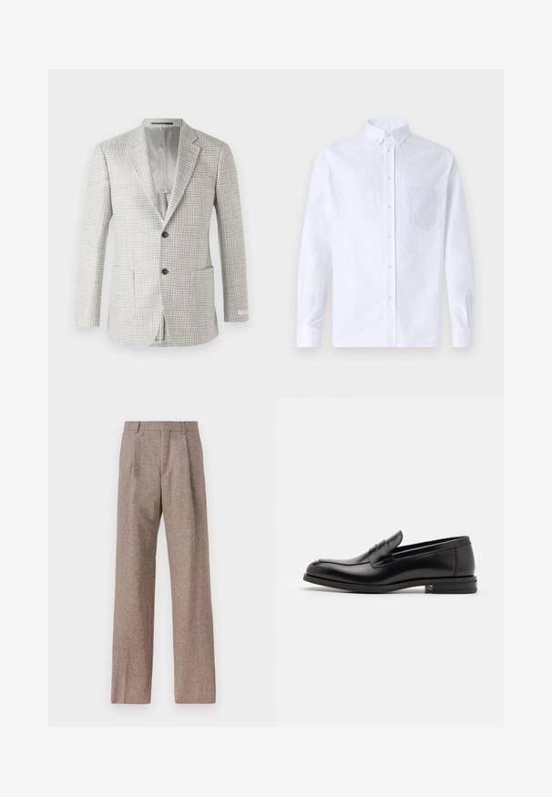 Jasnoszary marynarka w kratkę, z dwiema przednimi kieszeniami, zapięciem na jeden guzik i szarym podszyciem. Klasyczny, dopasowany krój.; Biała koszula z długim rękawem na guziki, wykonana z bawełny, z kieszonką na piersi z tonowym haftem, kołnierzykiem i zapięciem na guziki przy mankietach.; Brązowe, wysokiej talii spodnie wykonane z teksturowanej tkaniny. Posiadają szerokie nogawki i dwa przednie zakładki dla lepszej struktury. Starannie wykończone, bez widocznych elementów metalowych.; Czarne skórzane mokasyny o gładkiej fakturze, zaokrąglonym nosku i dekoracyjnym pasku na przodzie. Niski, warstwowy obcas, minimalistyczny design.