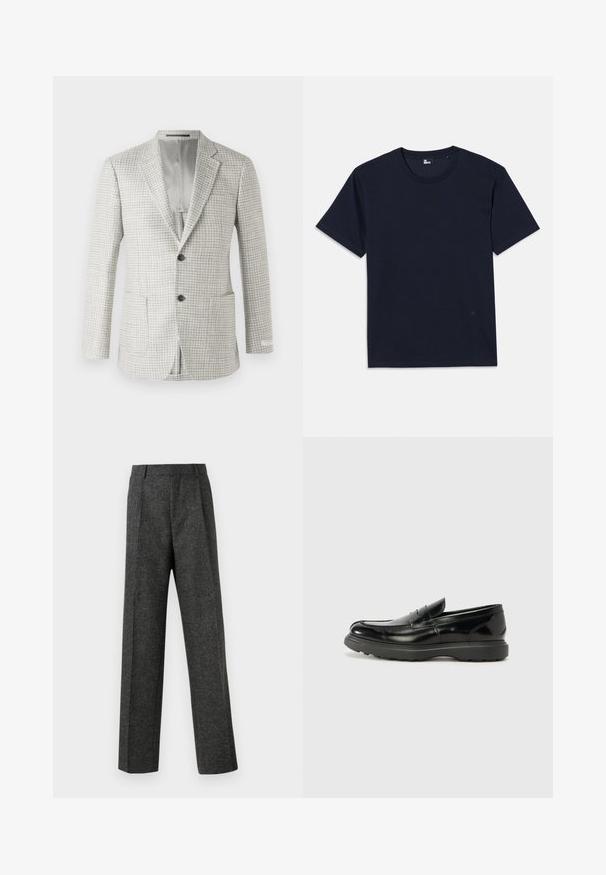 Világosszürke zakó kockás mintával, két elülső zsebbel, egygombos záródással és szürke béléssel. Klasszikus szabású dizájn.; Sötétkék pamut póló rövid ujjal, kerek nyakkivágással és minimális varrási részletekkel. Egyszerű dizájn, látható minták vagy díszek nélkül.; Szürke, texturált anyagból készült, szabott nadrág, két elülső pliszével és egyenes lábbal. Nincsenek látható zsebek vagy díszítések.; Fekete bőr loafer, fényes felülettel, kerek orral, diszkrét varrási részletekkel és vastag gumitalppal a tartósság érdekében.
