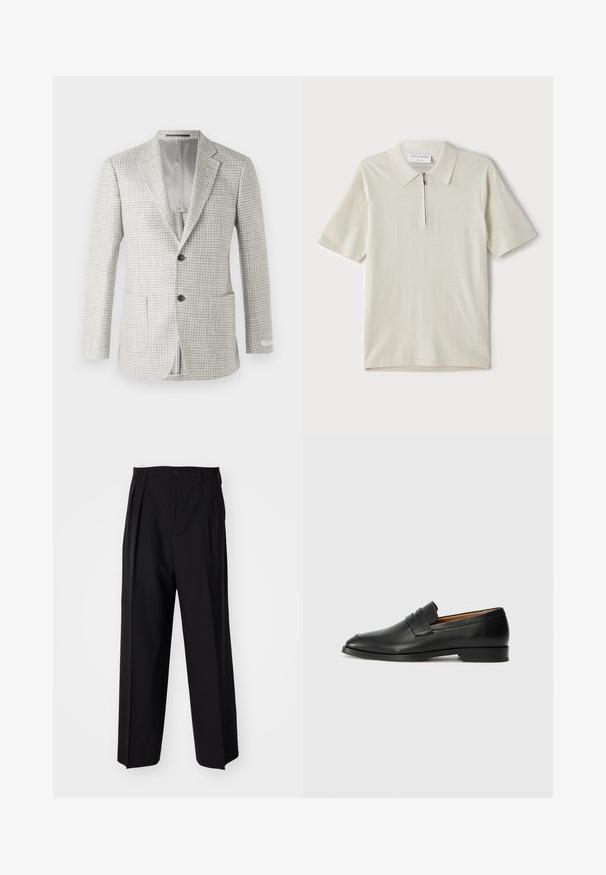 Šviesiai pilkas švarkas su patikrintu raštu, dviem priekinėm kišenėm, vieno mygtuko užsegimu ir pilku pamušalu. Klasikinis pritaikytas dizainas.; Šviesiai bežinis trumpomis rankovėmis polo marškinėliai su užtrauktuku ant apykaklės. Pagaminti iš lygaus audinio, pasižymi paprastu, moderniu dizainu be raštų.; Juodi klostuoti kelnių, su tiesiu, plačiu kojų dizainu. Pagaminti iš lygios medžiagos, su mygtukų uždarymu ir diržo kilputėmis.; Juodas odinis loaferis su apvaliu nosiu, subtiliomis siuvimo detalėmis ir žemu kulnu, pasižymintis lygia tekstūra ir minimalistiniu dizainu.