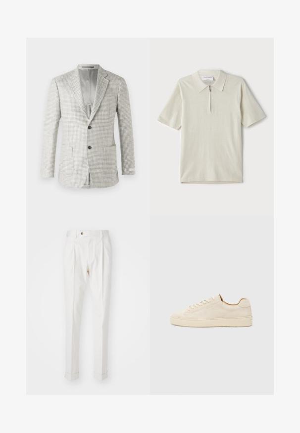 Blazer cinza claro com padrão xadrez, dois bolsos frontais, fecho de botão único e forro cinza. Design clássico e bem cortado.; Polo de manga curta em bege claro com colarinho com fecho. Feito de um tecido suave, apresenta um design simples e moderno, sem padrões.; Calças brancas, ajustadas, com frente lisa, duas pregas e bainhas viradas. Feitas de um tecido suave com fecho de botão na cintura.; Sapatilhas de camurça bege com um design de cano baixo, bico redondo, atacadores planos e uma sola de borracha texturizada. Estilo minimalista sem logótipos visíveis.