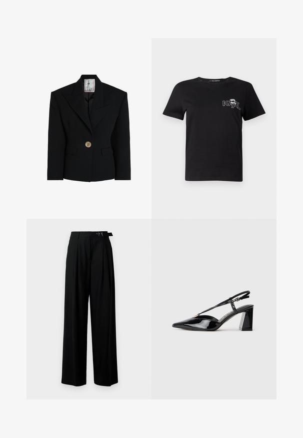Juodas švarkas, pagamintas iš struktūrinio audinio, su aštriu įpjovuoto apykaklės dizainu, vienu mygtuko uždarymu su auksiniu akcentu ir dviem priekinėmis kišenėmis.; Juodas trumpomis rankovėmis marškinėliai, pagaminti iš medvilnės. Puošia balta grafika su tekstu "KARL" ir stilizuotu figūra ant krūtinės. Apvalus iškirpimas.; Juodos plačios kojų kelnės su aukštu liemeniu, priekinėmis klostėmis ir diržu su sagtimi. Pagamintos iš lygaus, lengvo audinio.; Juodos lakinės odos aukštakulnės basutės su smailiu pirštu, reguliuojama juosta ir storu stačiakampiu kulnu.