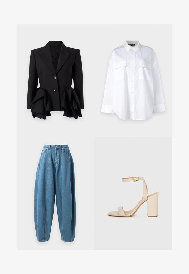 Musta bleiseri, jossa on jämäkkä siluetti, korostetut ryppyiset yksityiskohdat vyötäröllä, kaksi nappia ja lovikantapaita.; Valkoinen nappipaitapusero, joka on valmistettu puuvillasta ja jossa on klassinen kaulus, kaksi rintataskua sekä pitkät hihat, joissa on hihansuut. Suorapintainen rakenne.; Korkeavyötäröiset, löysät siniset farkut, joissa on laskokset, etutaskut, vyölenkit sekä nappi- ja vetoketjukiinnitys.; Beige sandaalit korkealla korolla, jossa on neliömäinen varvas, ohut nilkkaremmi ja paksu korko. Silkkinen nahkapinta kultaisella soljella.